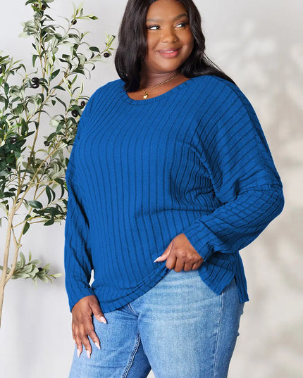 Basic Bae Full Size Ribbed Round Neck Slit Knit Top