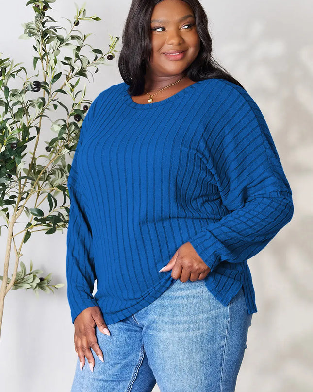 Basic Bae Full Size Ribbed Round Neck Slit Knit Top