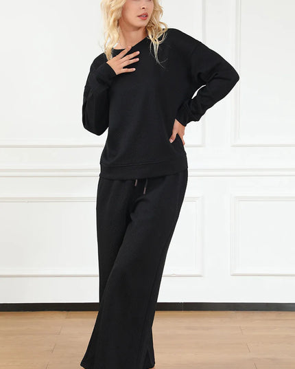 Double Take Full Size Textured Long Sleeve Top and Drawstring Pants Set