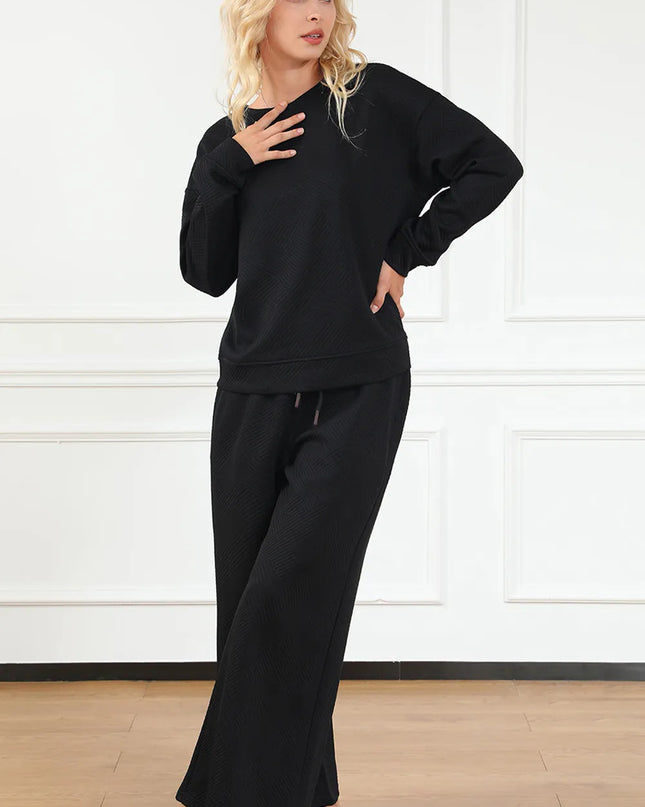 Double Take Full Size Textured Long Sleeve Top and Drawstring Pants Set