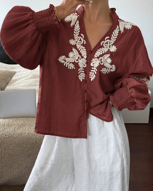 Embroidered Lantern Sleeve Blouse Burgundy