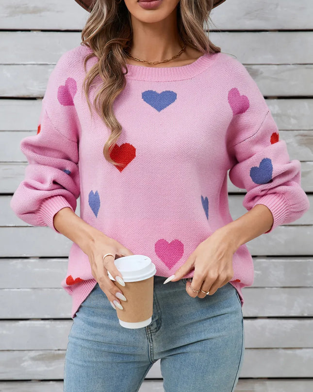 Angel Wings Heart Round Neck Long Sleeve Sweater Pink