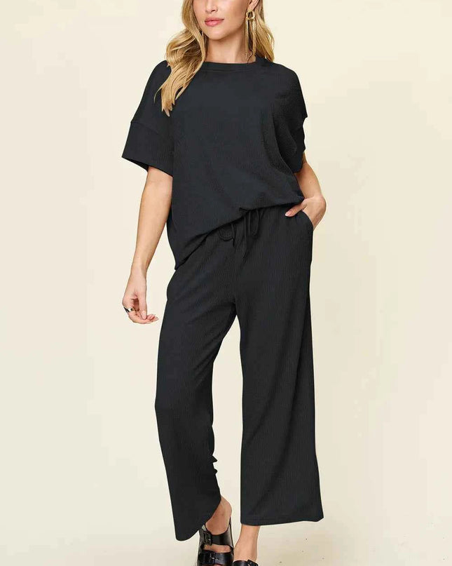Double Take Full Size Texture Round Neck Short Sleeve T-Shirt and Wide Leg Pants
