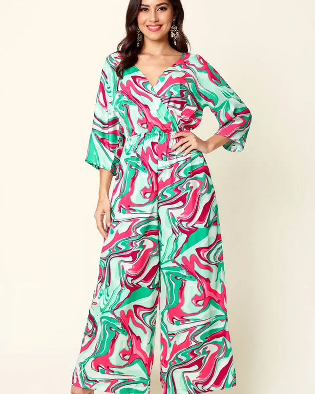 Double Take Full Size Half Sleeve Wide Leg Jumpsuit Green