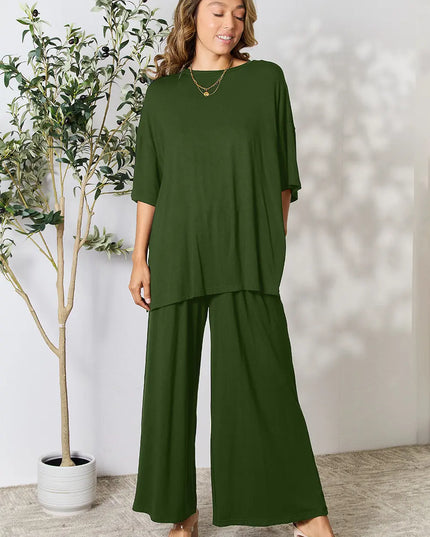 Double Take Full Size Round Neck Slit Top and Pants Set Army Green
