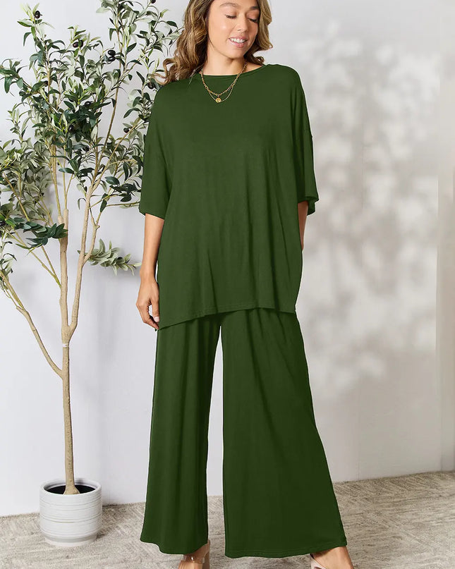 Double Take Full Size Round Neck Slit Top and Pants Set Army Green
