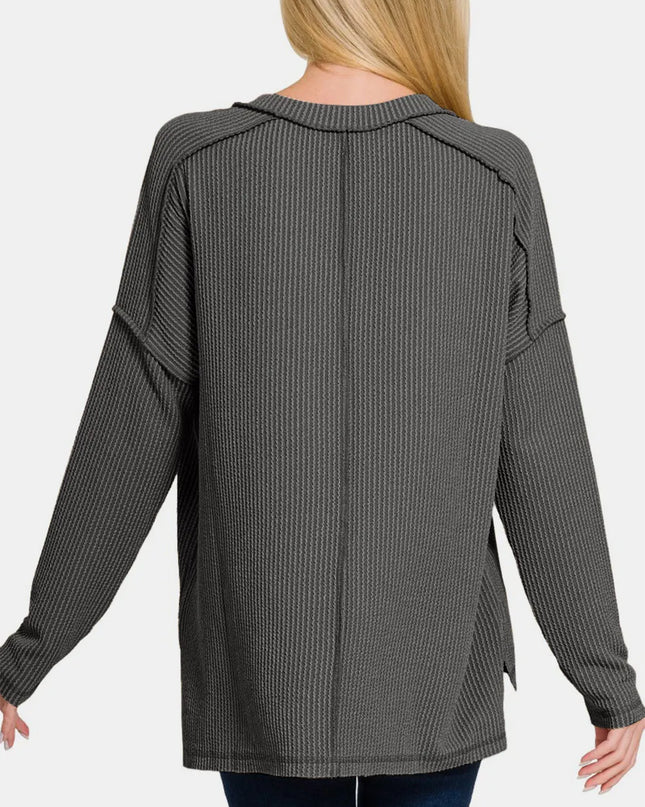 Zenana Texture Exposed Seam V-Neck Long Sleeve T-Shirt