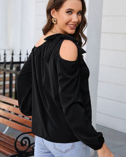 Tied Asymmetrical Neck Cold-Shoulder Blouse