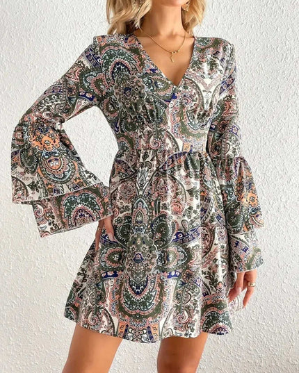 Paisley Print Bell Sleeve Mini Dress Gray