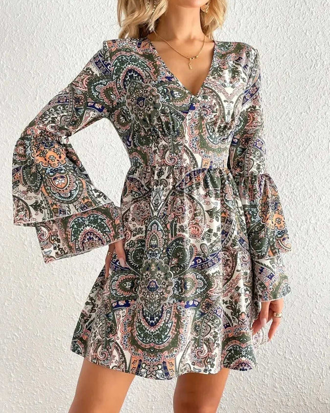 Paisley Print Bell Sleeve Mini Dress Gray