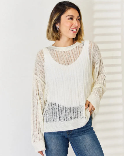 HYFVE Openwork Ribbed Trim Long Sleeve Knit Top WHIP CREAM