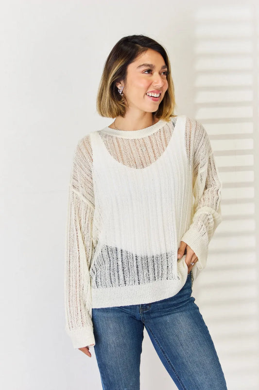 HYFVE Openwork Ribbed Trim Long Sleeve Knit Top WHIP CREAM