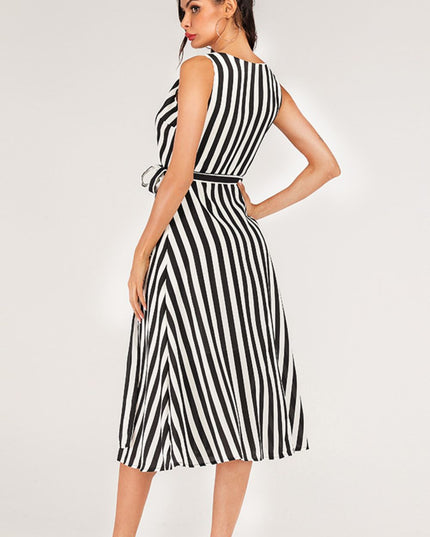 Striped Surplice Tied Sleeveless Dress