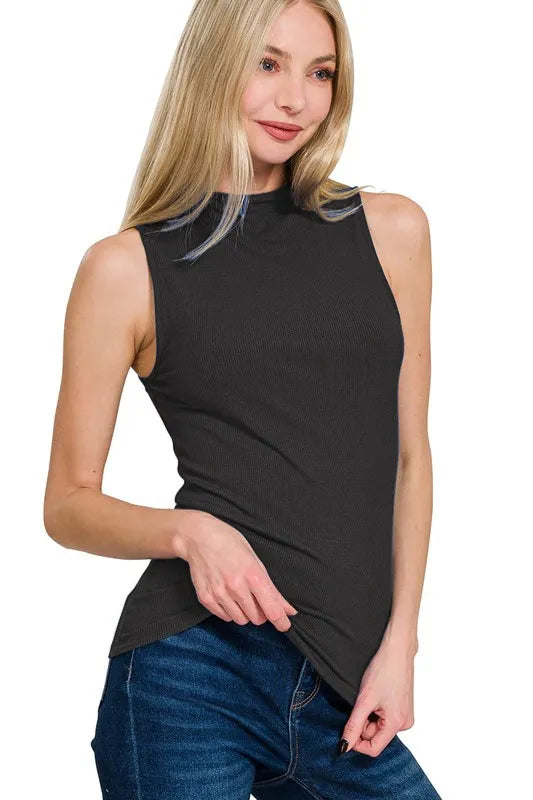 Zenana Ribbed Sleeveless Mock Neck Top