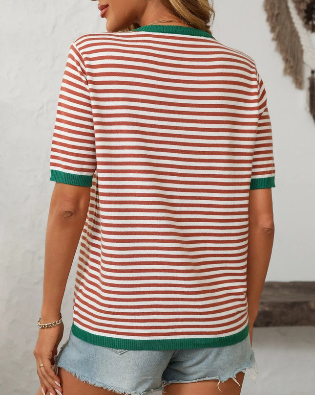 Mandy Striped Round Neck Half Sleeve Knit Top