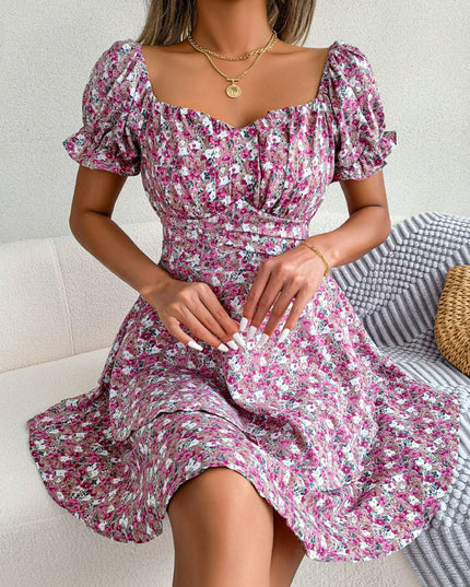 Floral Sweetheart Neck Flounce Sleeve Mini Dress