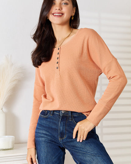 Basic Bae Half Button Long Sleeve Top Caramel