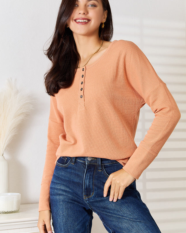 Basic Bae Half Button Long Sleeve Top Caramel