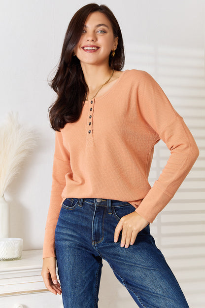 Basic Bae Half Button Long Sleeve Top Caramel