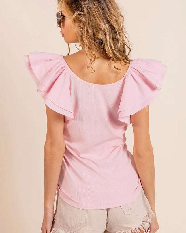 BiBi Wide Layered Ruffle Sleeve Scoop Neck Ribbed Top