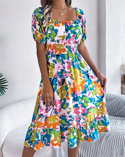 Ruffled Hem Smocked Floral Short Sleeve Midi Dress 
