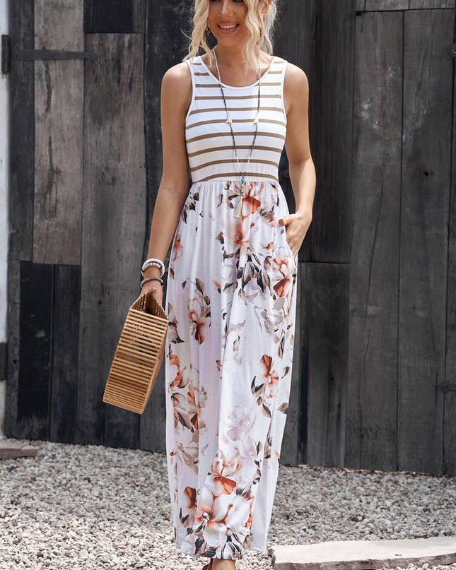 Striped Floral Round Neck Sleeveless Maxi Dress