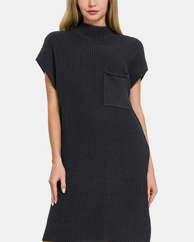Zenana Mock Neck Short Sleeve Sweater Dress Black
