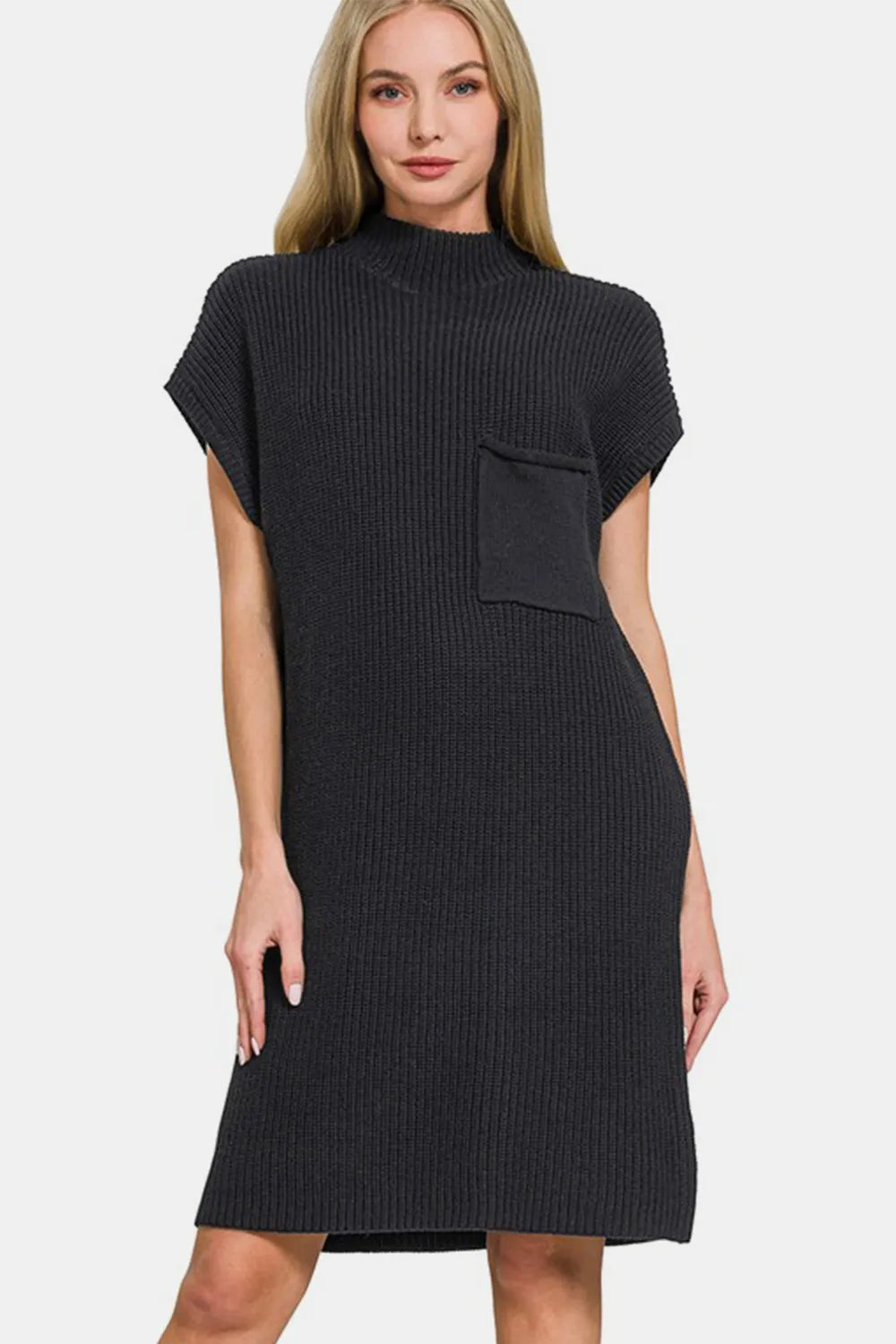 Zenana Mock Neck Short Sleeve Sweater Dress Black