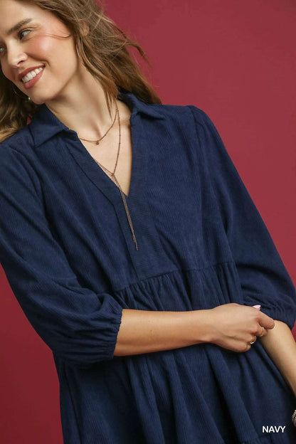 Umgee Tiered Corduroy Mini Dress with Balloon Sleeves