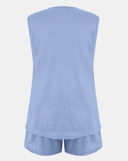 Full Size Waffle-Knit Notched Top and Shorts Set