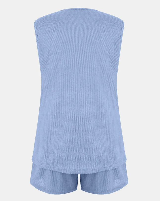 Full Size Waffle-Knit Notched Top and Shorts Set