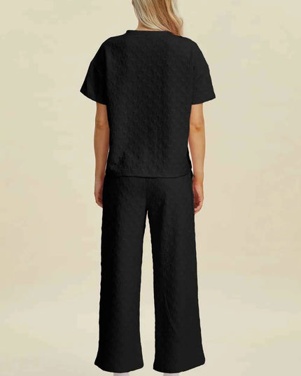Double Take Full Size Texture Round Neck Short Sleeve Top and Pants Set