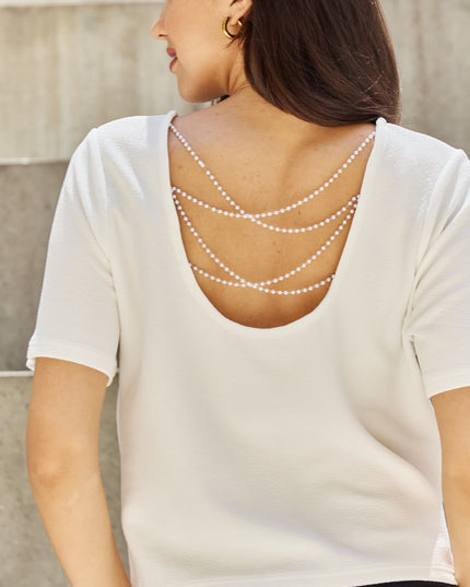 And The Why Pearly White Full Size Criss Cross Pearl Detail Open Back T-Shirt