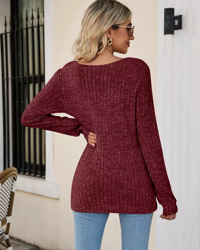Ribbed Square Neck Long Sleeve T-Shirt