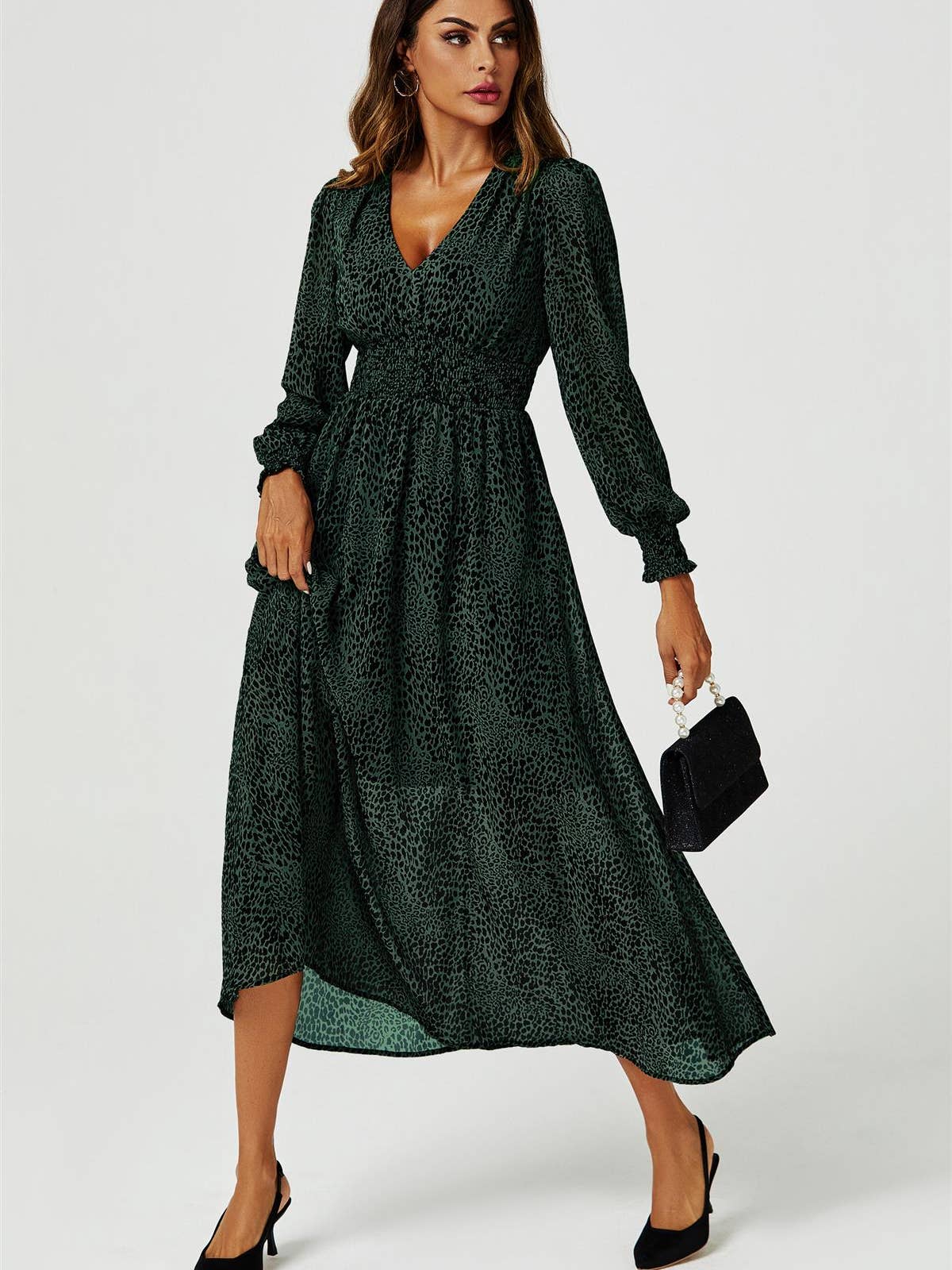 Leopard Print Long Sleeve Maxi Dress in Green