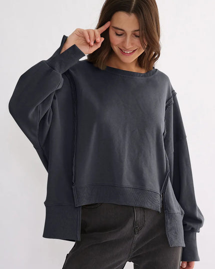 Exposed Seam High-Low Long Sleeve Sweatshirt Dark Gray One Size