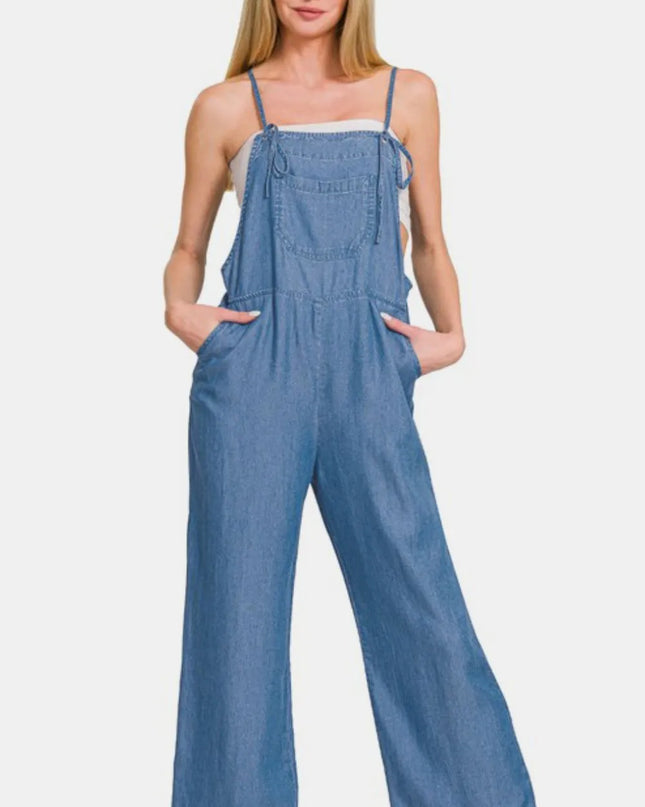Zenana Washed Adjustable Strap Wide Leg Denim Overalls Dusty Blue