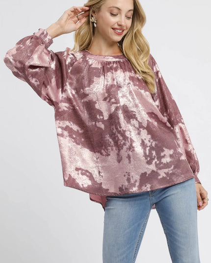 Umgee Metallic Fabric Blouse with Balloon Sleeves MERLOT