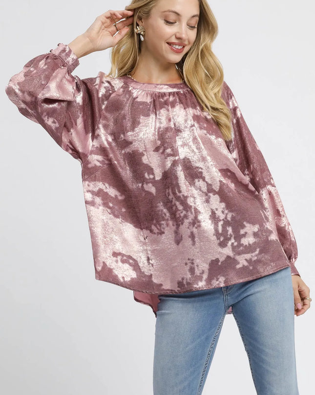 Umgee Metallic Fabric Blouse with Balloon Sleeves MERLOT