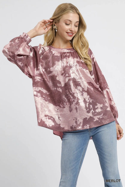 Umgee Metallic Fabric Blouse with Balloon Sleeves MERLOT