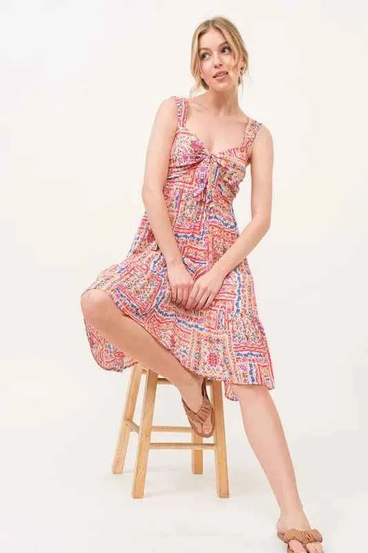 And The Why Tied Front Smocked Back Tiered Boho Printed Dress