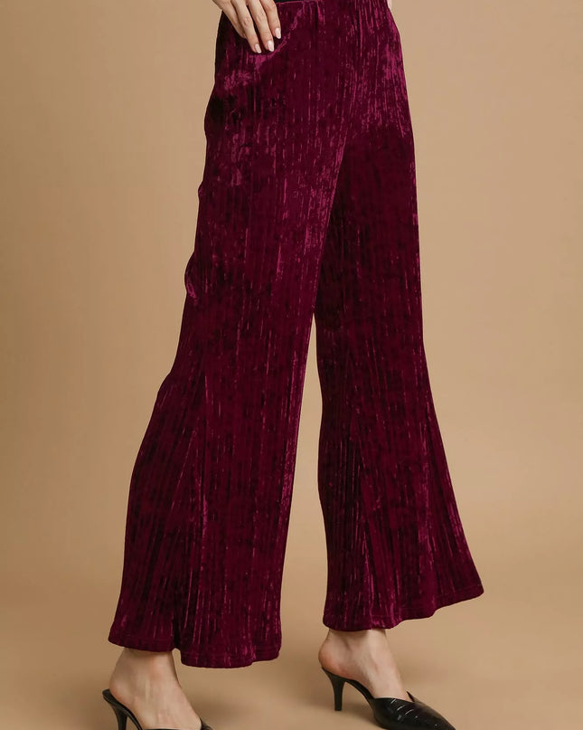 Umgee Velvet Pleated Wide Leg Pants