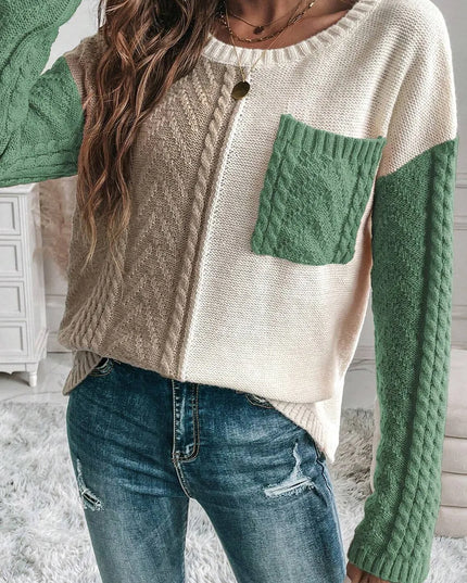 Double Take Full Size Color Block Drop Shoulder Sweater Gum Leaf