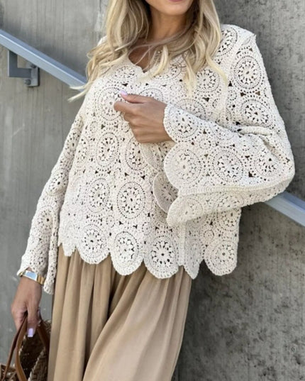 Crochet Lace V-Neck Bell Sleeve Knit Top