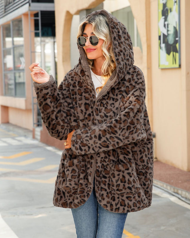 Leopard Hooded Coat with Pockets