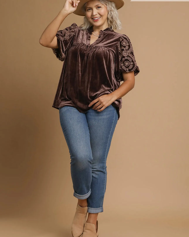 Umgee Full Size Velvet Embroidered Sleeve Blouse Plus Size