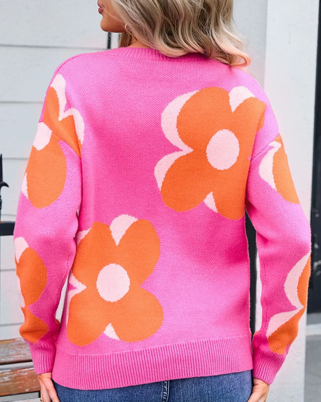 Angel Wings Flower Round Neck Long Sleeve Sweater