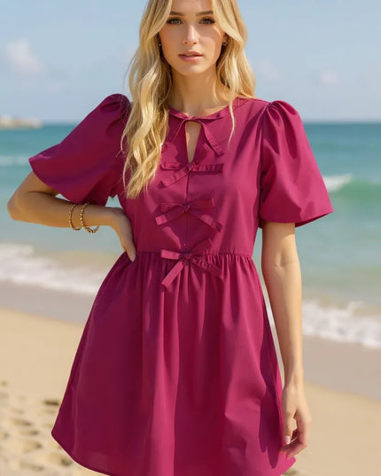 Oh Bow Ruched Puff Sleeve Mini Dress