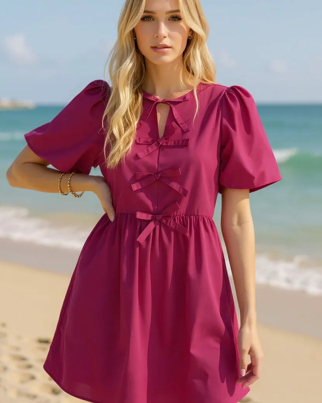 Oh Bow Ruched Puff Sleeve Mini Dress