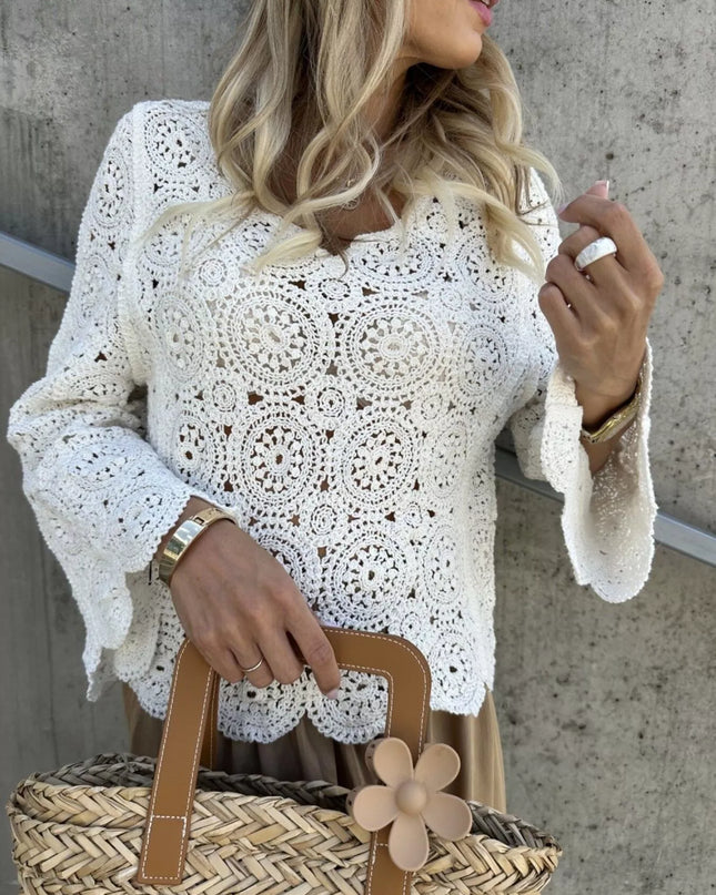 Crochet Lace V-Neck Bell Sleeve Knit Top White One Size